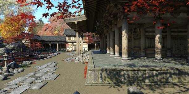 Old japanese palace in the fall 3d illustration