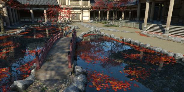 istock Old japanese palace in the fall 3d illustration 1347407070