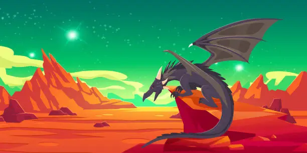 Vector illustration of Fairytale black dragon on cliff in mountains