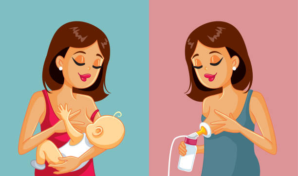 Mother Pumping and Breastfeeding Her Baby Vector Cartoon Mom feeding her baby nursing or storing her milk for later babyhood stock illustrations