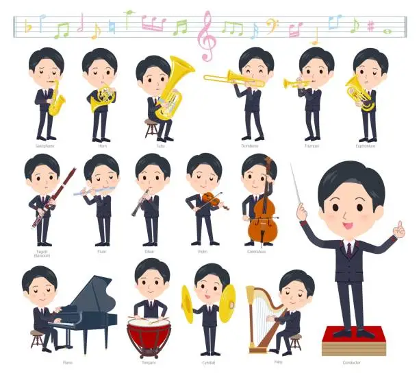 Vector illustration of A set of postoffice suit man on classical music performance