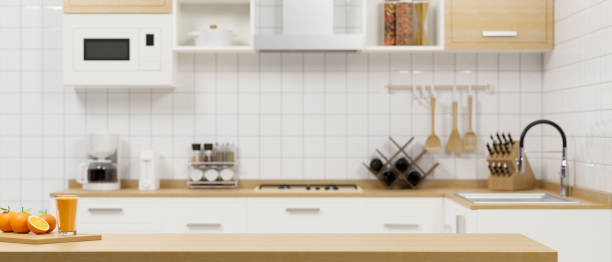 minimalistyczna przestrzeń kuchenna wnętrze w tle z zbliżeniowym drewnianym blatem jadalnym - domestic kitchen furniture decor luxury zdjęcia i obrazy z banku zdjęć