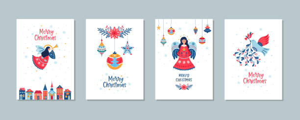stockillustraties, clipart, cartoons en iconen met christmas cards vector set of angel balls mistletoe - engelenpak