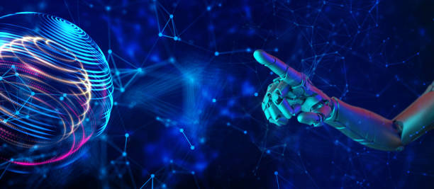 istock Metaverse digital smart world,3D robot hand in augmented reality and virtual reality digital cyber space environments, online games, social media, internet online beyond universe. 1347419816