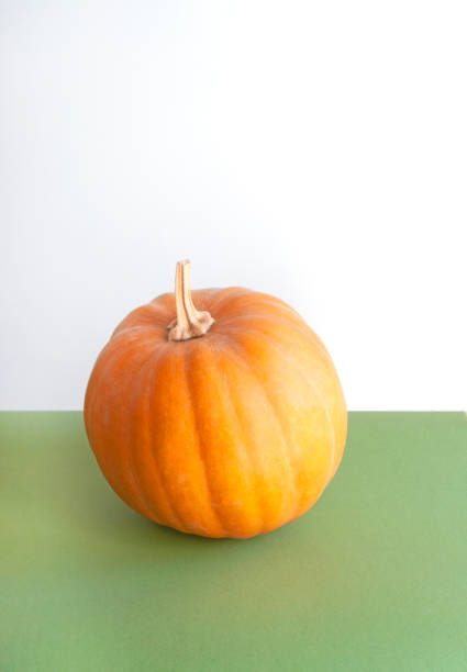 istock Bright orange colour pumpkin on white and green background. 1347420776