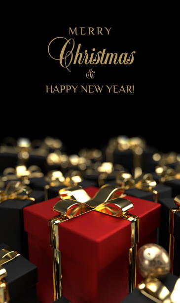 Black and red Christmas gifts on luxury black background. 3d render