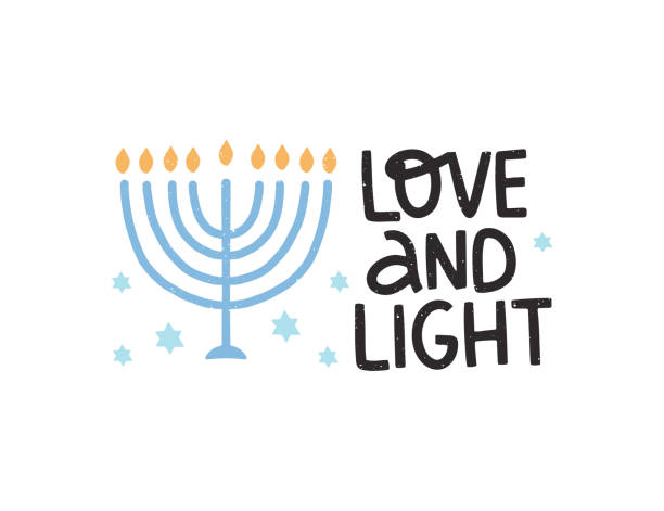 Hanukkah vector celebration typography. Hanukkah vector celebration typography. Traditional Jewish holiday. Love and Light quote with menorah. Chanukah wishes isolated on white. Handwritten Hanuka festive rainbow illustration. hanukkah candles stock illustrations