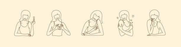 Set of vector linear style illustrations of minimalist female portraits with self love concept Set of vector illustration of minimalistic female portraits. Woman silhouette in simple trendy linear style. Self care, body positive. Modern line art. Gesture, sign love, hugging, heart shape in hand hugging self stock illustrations