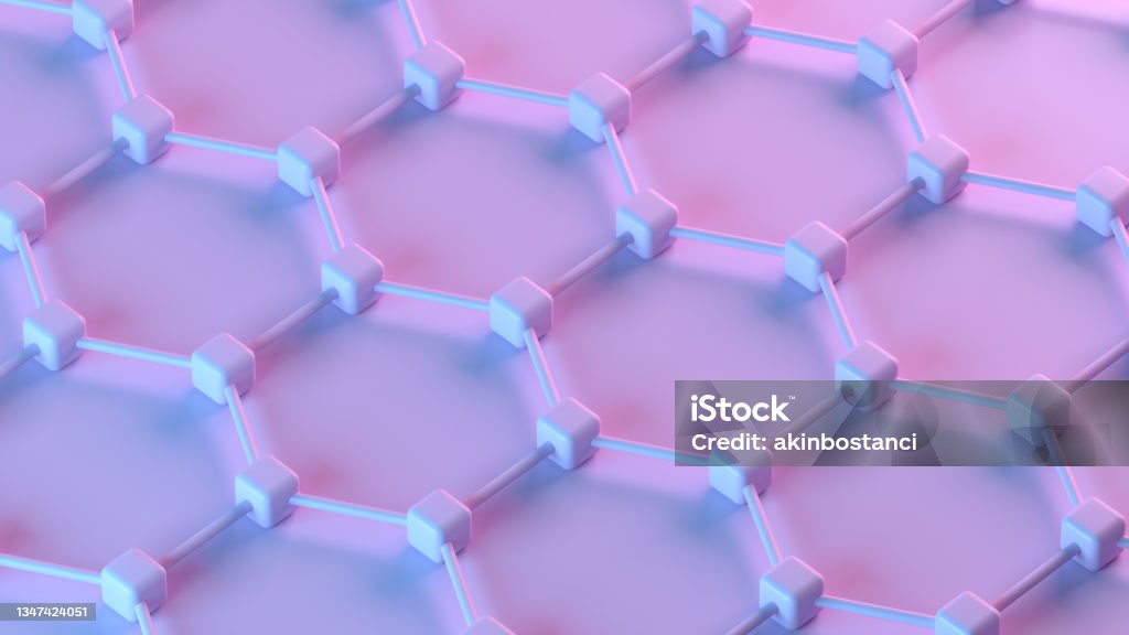 3D Abstract Hexagonal Molecular Structure, DNA, Neon Lighting Data, DNA, Technology, Internet, Molecular Structure, Blockchain, Neon Lighting, 3d render. Biotechnology Stock Photo