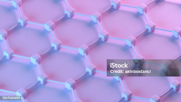 3d Abstract Hexagonal Molecular Structure Dna Neon Lighting Stock Photo - Download Image Now