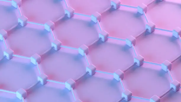 Photo of 3D Abstract Hexagonal Molecular Structure, DNA, Neon Lighting