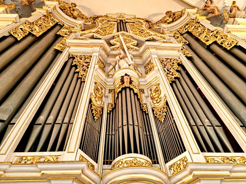 Nuernberg, Germany - Circa June 2022: Organ at St Elisabeth, translation St Elizabeth, roman catholic church