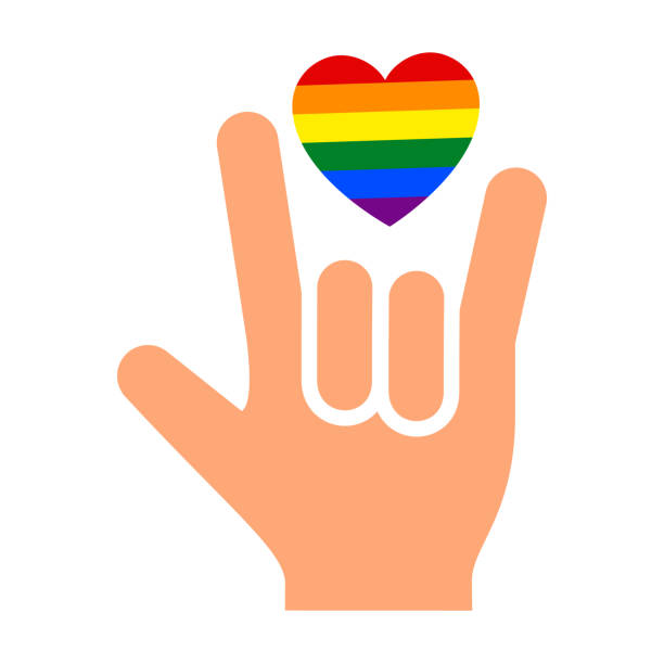 Hand gesture rock on with heart and flag of pride lgbt, drawn fingers hold symbol lgbtq Hand gesture rock on with heart and flag of pride lgbt, drawn fingers hold symbol lgbtq horn sign stock illustrations