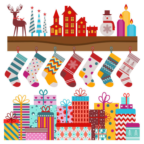 Christmas shelf with gift socks and decorations. Candles, Christmas trees and wrapped gifts in colorful paper. Xmas and New year elements set with hanging festive stocking and wrapped holiday gift boxes.
