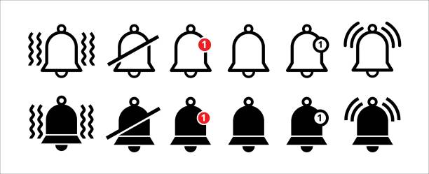 Notification bell vector icon set. Reminder icons collection. Alarm symbol illustration. Ringing bells. Alarm clock and smart phone application alert sign. New message notifier symbol. Notification bell vector icon set. Reminder icons collection. Alarm symbol illustration. Ringing bells. Alarm clock and smart phone application alert sign. New message notifier symbol. Notifier stock illustrations