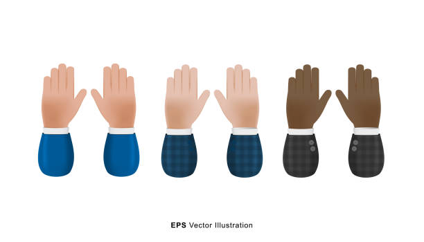 istock Set of different color hands up gesture 3D cartoon illustration isolated on white background. 1347428443