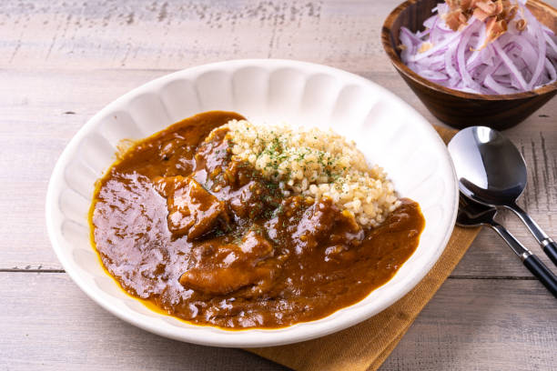 Curry rice (pork curry) (brown rice curry rice) stock photo