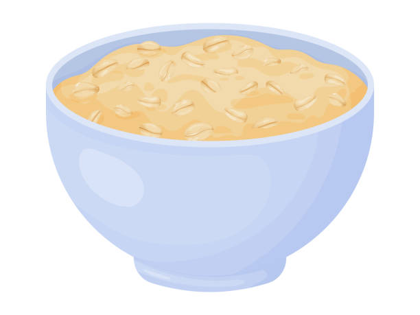 illustrazioni stock, clip art, cartoni animati e icone di tendenza di tazza per la colazione di farina d'avena. porridge di grano d'avena. muesli in stile cartone animato. illustrazione vettoriale isolata su sfondo bianco. - oatmeal raisin porridge nut