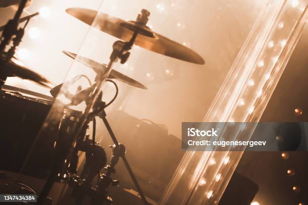 Live Rock Music Photo Background Drum Set With Cymbals Stock Photo - Download Image Now