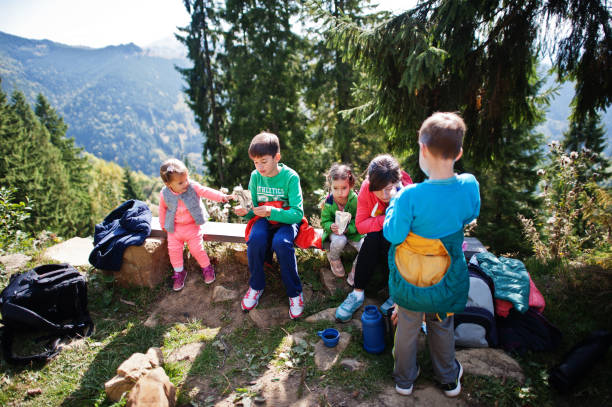 famiglia con quattro bambini che riposano in montagna. viaggi ed escursioni con i bambini. - 12 23 mesi foto e immagini stock