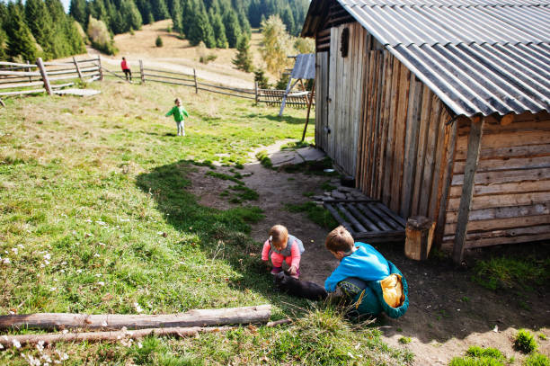 istock Kids playing with cat on mountain village. 1347436987