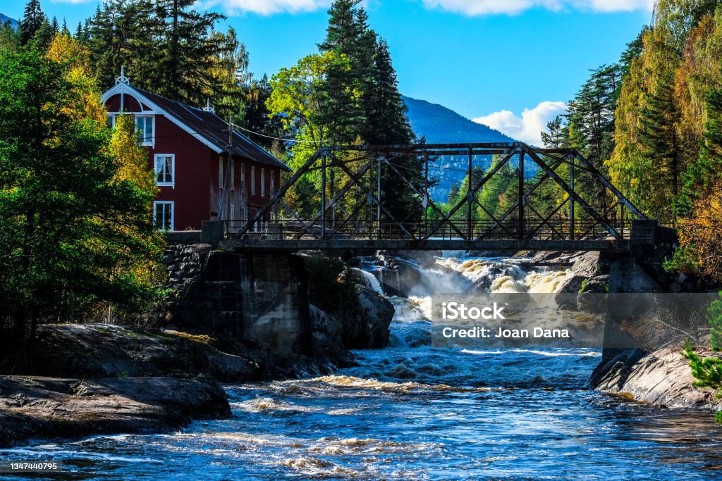 Bridges over a whitewater river on the way from Sandefjord to Mount Gaustatoppen, southern Norway Norway Stock Photo