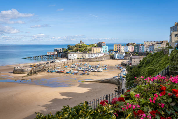 tenby harbour tide out, pembrokeshire, pays de galles royaume-uni - landscape scenics beach uk photos et images de collection