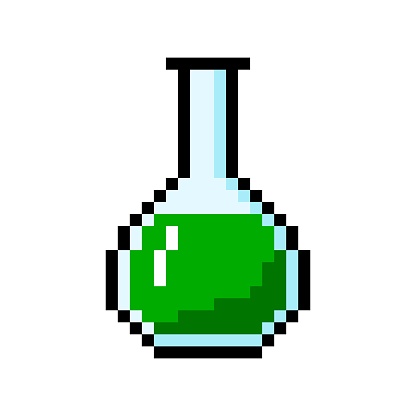 Pixel bottle with witchcraft potion. Game elixir with dangerous green poison. Alchemical brew for spells and vector antidotes