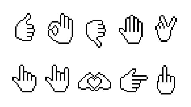 пиксельные знаки руки. ok и символ сердца, показывающий средний палец - human thumb click human hand communication stock illustrations