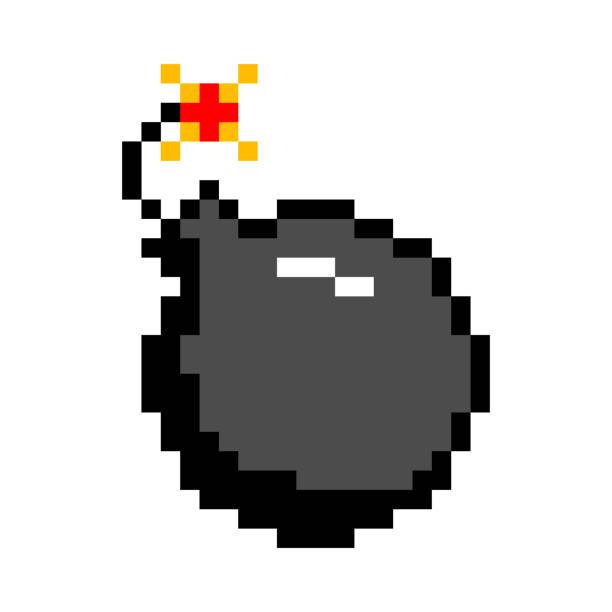 Pixel bomb with burning wick icon. Black dynamite weapon ready to explode Pixel bomb with burning wick icon. Black dynamite weapon ready to explode. Symbol of explosive discounts and gaming 8bit graphics. Powerful vintage vector grenade detonator stock illustrations