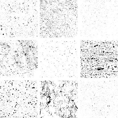 Dust Dots Grunge Texture Set. Black Dusty Scratchy Pattern Collection. Abstract Grainy Background. Vector Design Artwork. Textured Effect. Crack.