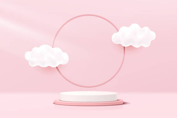 istock Abstract White, Pink 3D cylinder pedestal podium with cloud flying and circle ring backdrop. Pastel pink minimal scene for product display presentation. Vector geometric rendering platform design. 1347451755