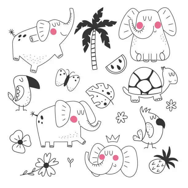 Vector illustration of Set of cartoon elephants