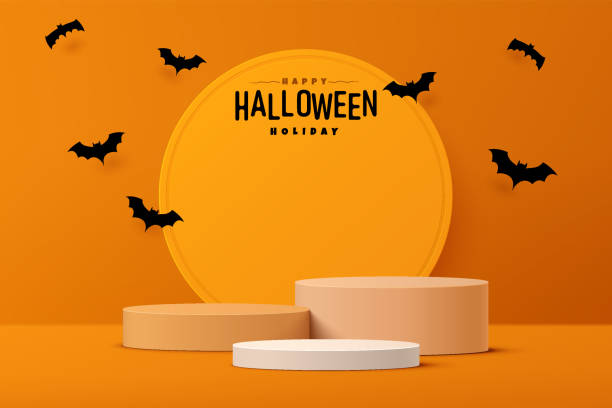 illustrazioni stock, clip art, cartoni animati e icone di tendenza di astratto realistico 3d bianco e arancione cilindro piedistallo set con pipistrello cartone animato che vola. felice scena minimale di halloween per la presentazione del display del prodotto. progettazione di piattaforme di rendering geometrico vettoriale. - black wall showing light