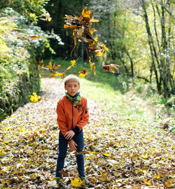 istock Boy play with the autunm leaves on a dolomites path 1347453447