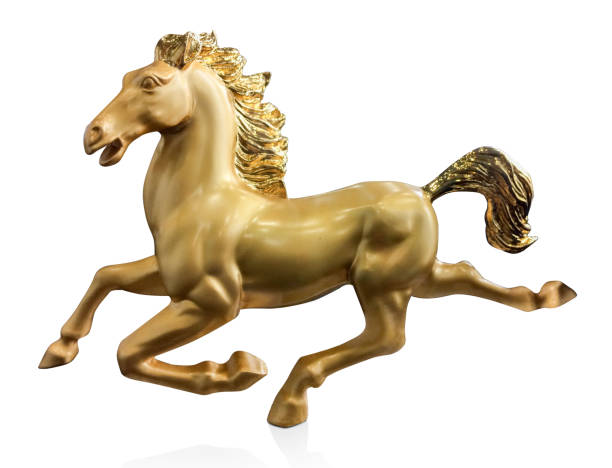 istock side view gold horse is running on white background, copy space 1347453486