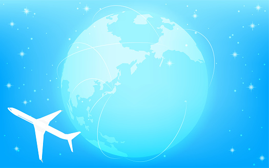 Global business image, glowing blue earth, airplanes and shining routes