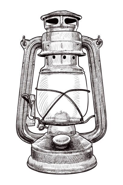 Vector illustration of vintage kerosene lamp. Engraving style.