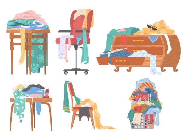 Scattered clothes, female stuff in chest of drawers, on chair, on table, vector isolated illustration. Mess, disorder. Scattered clothes, female stuff in chest of drawers, on chair, on table, on coffee table, in laundry basket, flat vector isolated illustration. Mess, disorder. cluttered stock illustrations