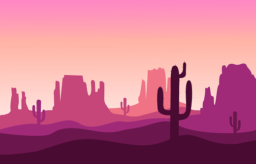 Desert sand landscape with mountains and cactus silhouette on the wild west texas purple color in flat cartoon style