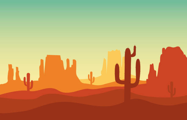 illustrazioni stock, clip art, cartoni animati e icone di tendenza di paesaggio sabbioso desertico con montagne e silhouette di cactus sul selvaggio west del texas in stile cartone animato piatto - western usa