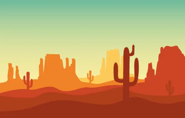 Vector illustration of Desert sand landscape with mountains and cactus silhouette on the wild west texas in flat cartoon style