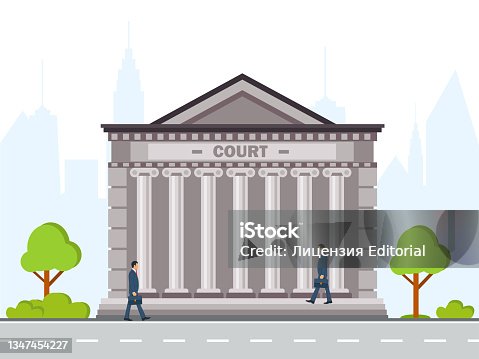 istock Front view of court house or governmental institution grey brick public building with grey columns Flat style vector illustration 1347454227