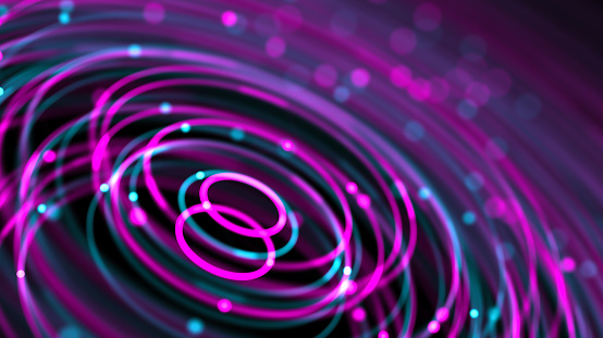 Abstract glowing circular background. Colorful neon light spectrum. Pink and blue glowing lines. Futuristic Sci-Fi 3d render.
