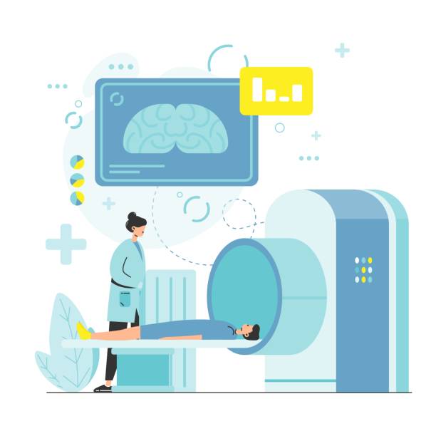 mri試験、ctスキャン手順、ベクトルイラストレーション。磁気共鳴画像。mriスキャナー、マシン。 - mri scanner cat scan mri scan cartoon点のイラスト素材／クリップアート素材／マンガ素材／アイコン素材