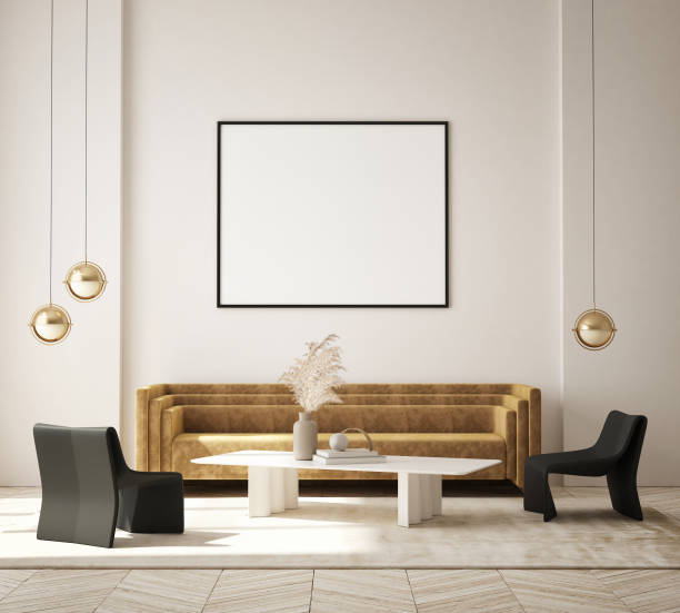 mock up poster frame in modern interior background, living room, scandinavian style, 3d render, 3d illustration - 1474 imagens e fotografias de stock