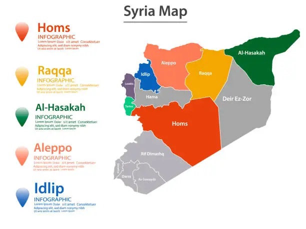 Vector illustration of Syria map divided into federal states. Territory of country with regional borders.