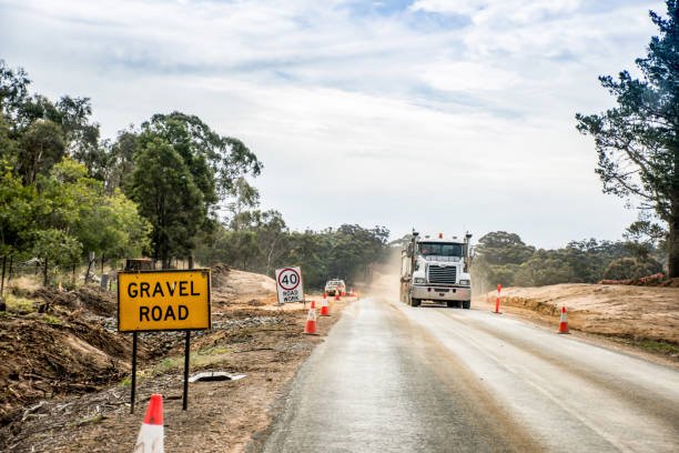 Roadworks with Gravel road sign and 40 km h speed limit sign in Australia. Roadworks with Gravel road sign and 40 km h speed limit sign in Australia. Road construction on Nerriga Road, NSW speed limit sign australia stock pictures, royalty-free photos & images