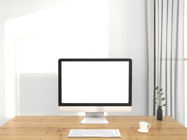 istock Mockup desktop computer, eucalyptus leaves, plant and Workspace and blank screen, copy space. 3d Rendering. 1347457602
