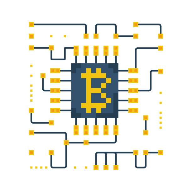 비트 코인 전자 보드. 벡터 일러스트 픽셀 아트 디자인 - circuit board order paying part of stock illustrations